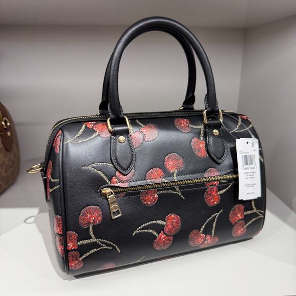 Coach CCZ15 Rowan Satchel Bag in Leather with Cherry Print Black Multi NWT - Picture 3 of 8